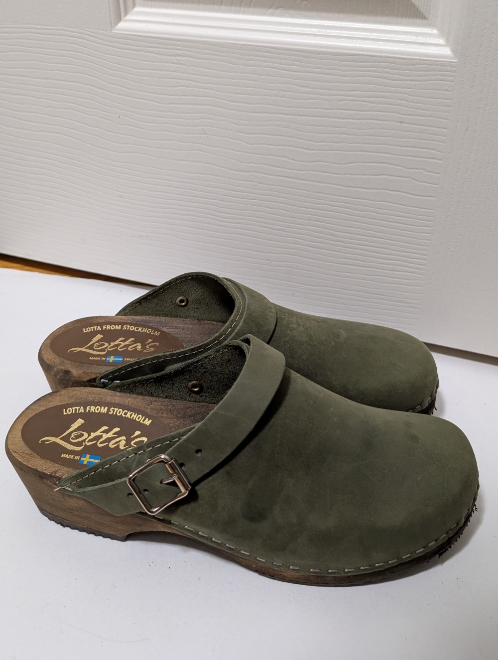 Lotta's Stockholm Swedish Buckle Wooden Clog Mule Green Size 40 US 10 Nubuck